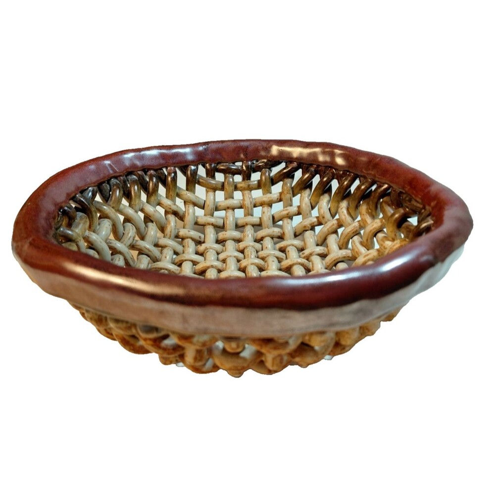 Signed 1979 Hand-Woven Studio Stoneware Ceramic Basket – 9.5"